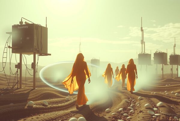In a futuristic desert landscape, robed figures walk by advanced structures under the sun.