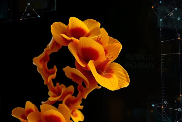 Digital artwork of vibrant orange and red flowers with abstract geometric patterns.