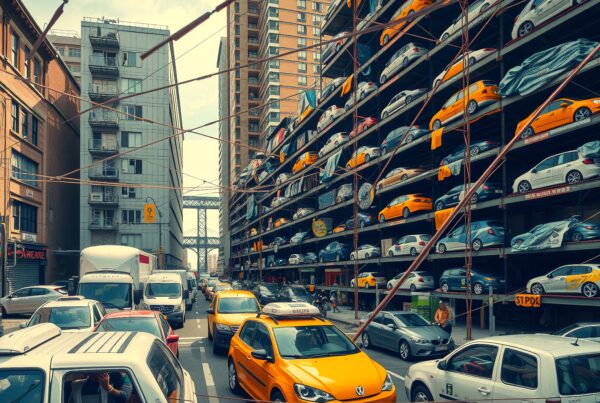 Image of a busy city street with a unique multi-level parking structure showcasing stacked cars against towering buildings.