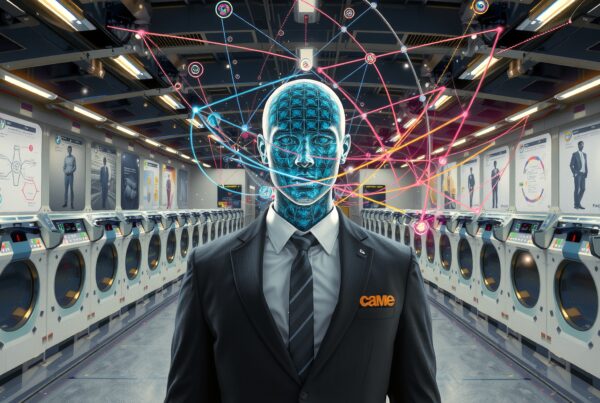 Image of a futuristic AI humanoid in a high-tech laundromat with interconnected data lines and advanced washing machines.