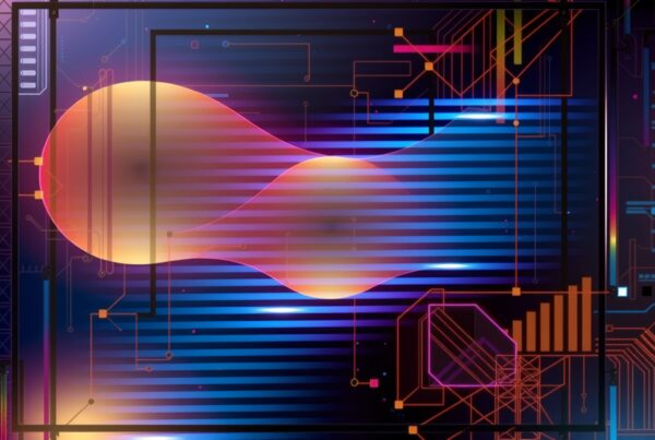 Abstract digital art with geometric shapes and vibrant colors against a circuit-like background.