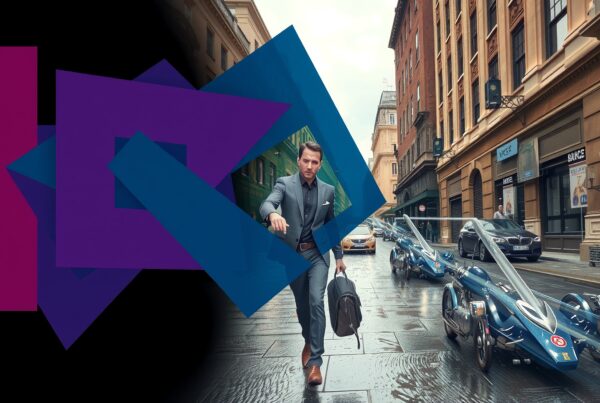A sharply dressed man walking down a stylish city street with futuristic vehicles and abstract shapes.