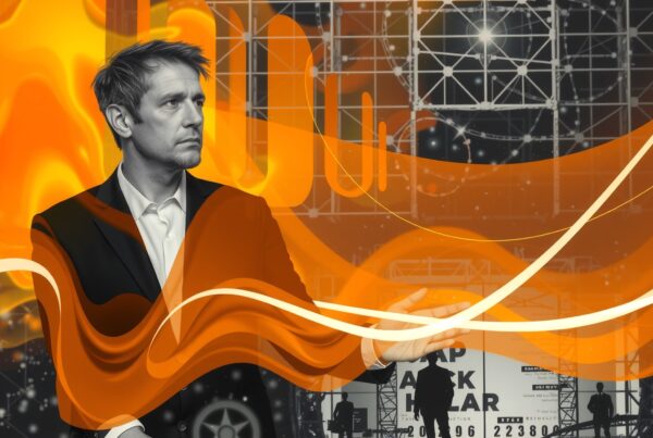 A man stands with vibrant orange and yellow waves swirling around, set against a futuristic and dynamic background.