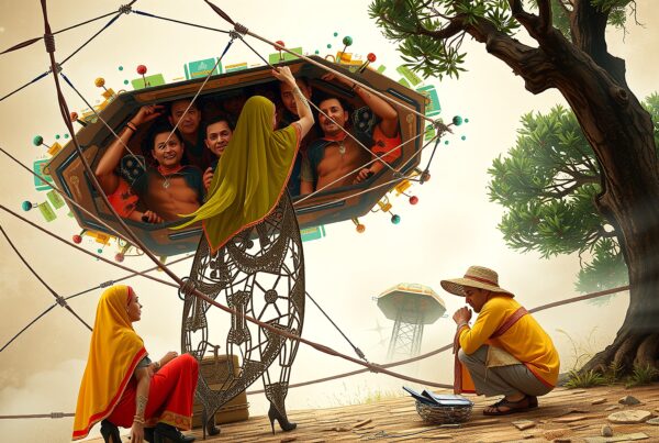 Surreal scene of people in a vibrant, floating vehicle amidst a natural setting.