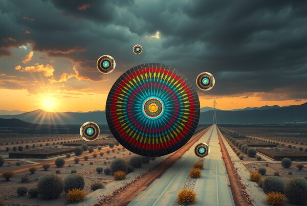 A surreal landscape with colorful mandala spheres hovering over a desert road at sunset.