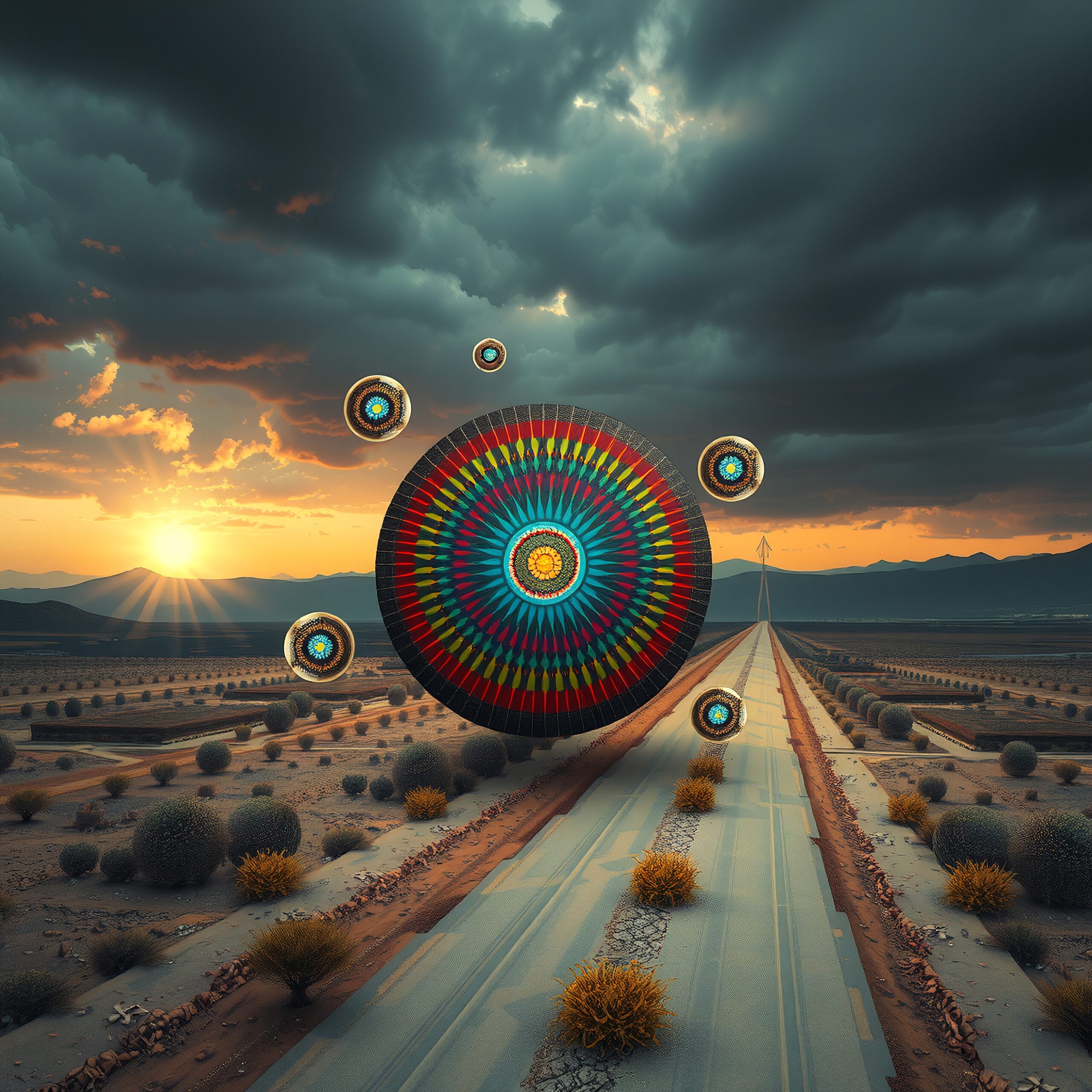 Surreal Mandala Spheres in Desert