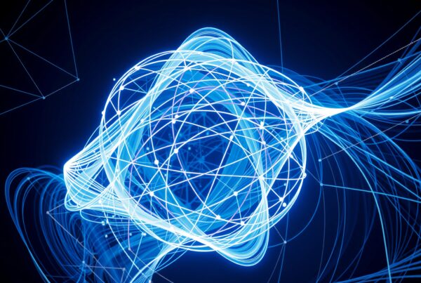 Abstract digital network with swirling blue lines.