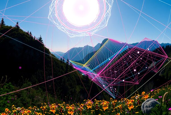 Abstract geometric overlay on a scenic mountain landscape with flowers in the foreground.