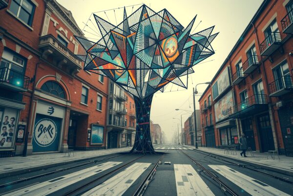 Surreal urban street with artistic tree structure.