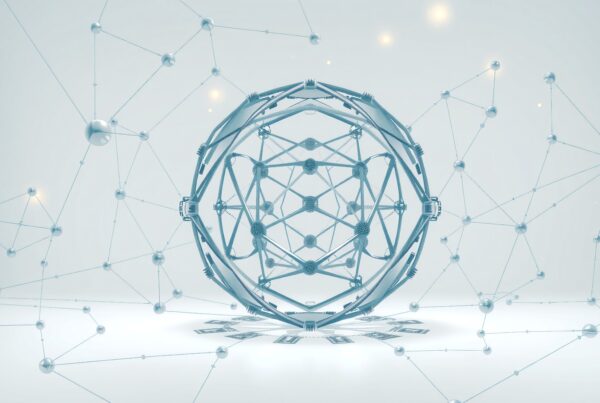 A complex geometric sphere with interconnected nodes and lines in a futuristic, digital setting.