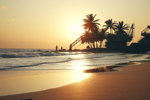 A beautiful beach sunset with palm trees and gentle waves reflecting the golden light.