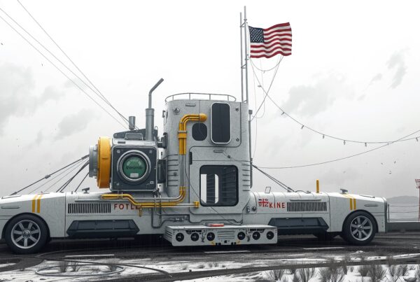 Futuristic vehicle with American flag against a cloudy sky, emphasizing industrial design.