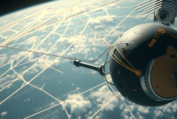 A futuristic satellite with antennas orbits Earth, highlighting a grid of glowing network lines.