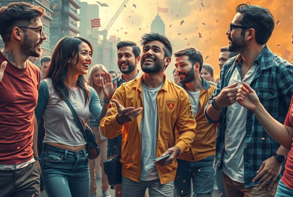 Young adults joyously gathered, celebrating together on a vibrant city street.