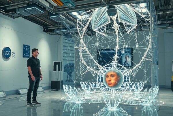 A man admires a futuristic light sculpture in an industrial exhibition space, featuring digital art.