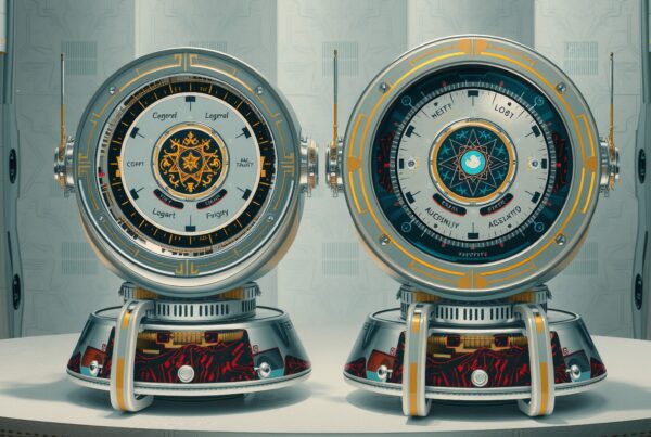 Futuristic circular devices with dials, symbols, and accents.