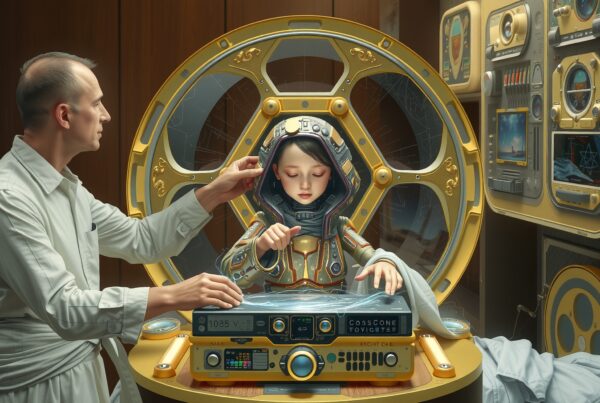 A futuristic scene showing a man adjusting a young astronaut's helmet inside a high-tech pod, surrounded by advanced technology.
