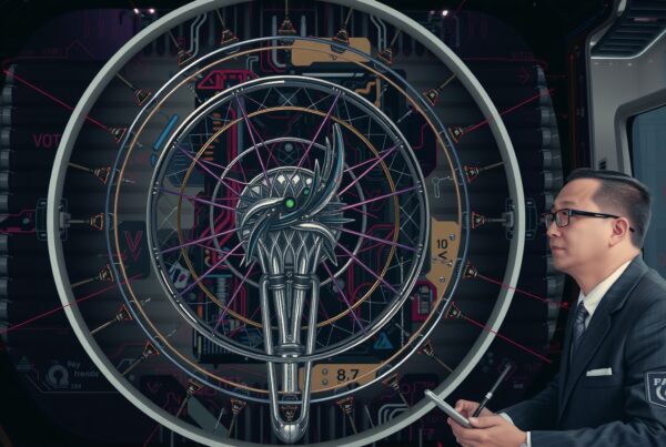 A man in a suit inspects a futuristic circular mechanism with digital displays and intricate designs in a high-tech setting.