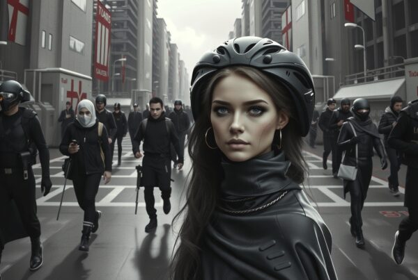 Futuristic urban scene with individuals wearing sleek black attire and helmets walking through a modern city.
