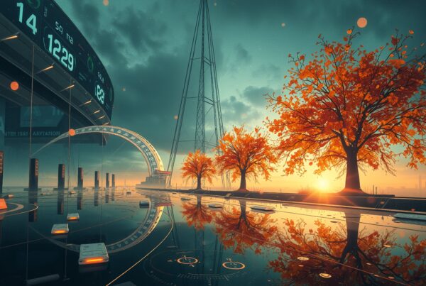 Futuristic landscape with orange trees reflecting on calm water at sunset, featuring industrial structures.