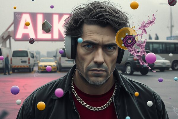 A man in a city with surreal elements, wearing headphones and a leather jacket, surrounded by colorful orbs.