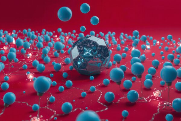 3D rendering of glossy blue spheres floating over a red background with a central polyhedral structure.