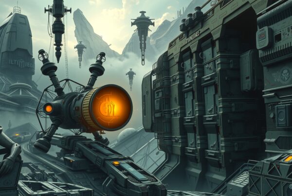 Futuristic industrial scene with advanced technology and hovering structures.
