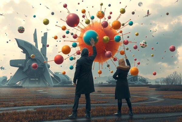 A futuristic landscape with figures interacting with colorful, floating spheres against a dramatic sci-fi backdrop.