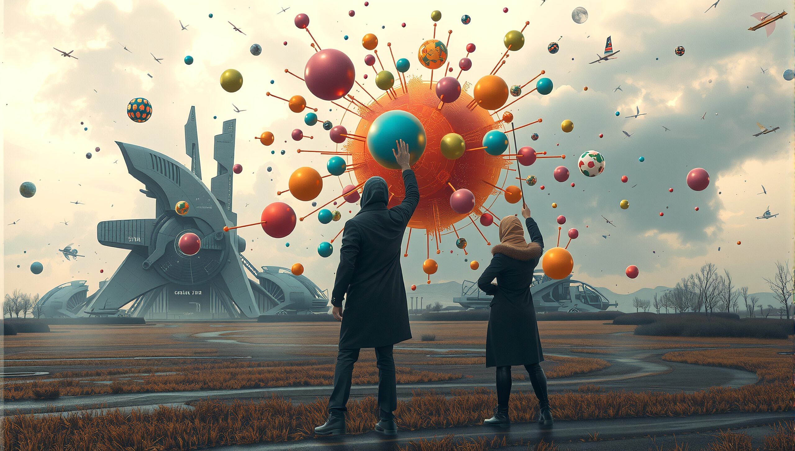 Futuristic Encounter with Floating Spheres