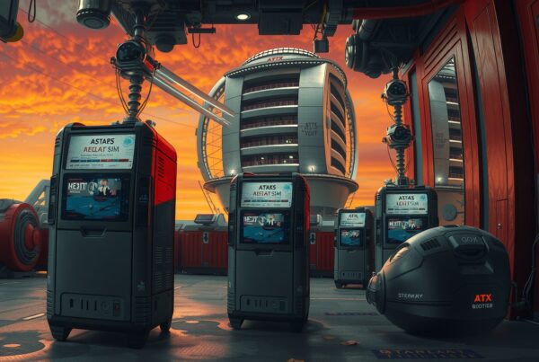 A futuristic industrial complex with advanced technology and vibrant sunset sky.