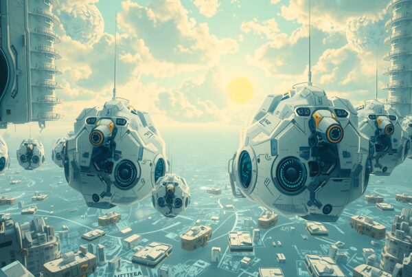 Futuristic cityscape with floating drones amidst modern architecture.