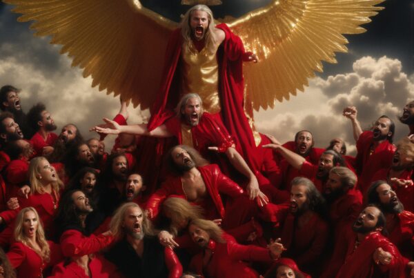 A captivating scene of people in red reaching up to a figure with golden wings against a dramatic cloudy background.
