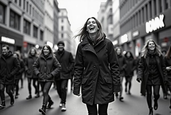 A smiling group walks together down a city street in stylish coats, conveying joy and unity.