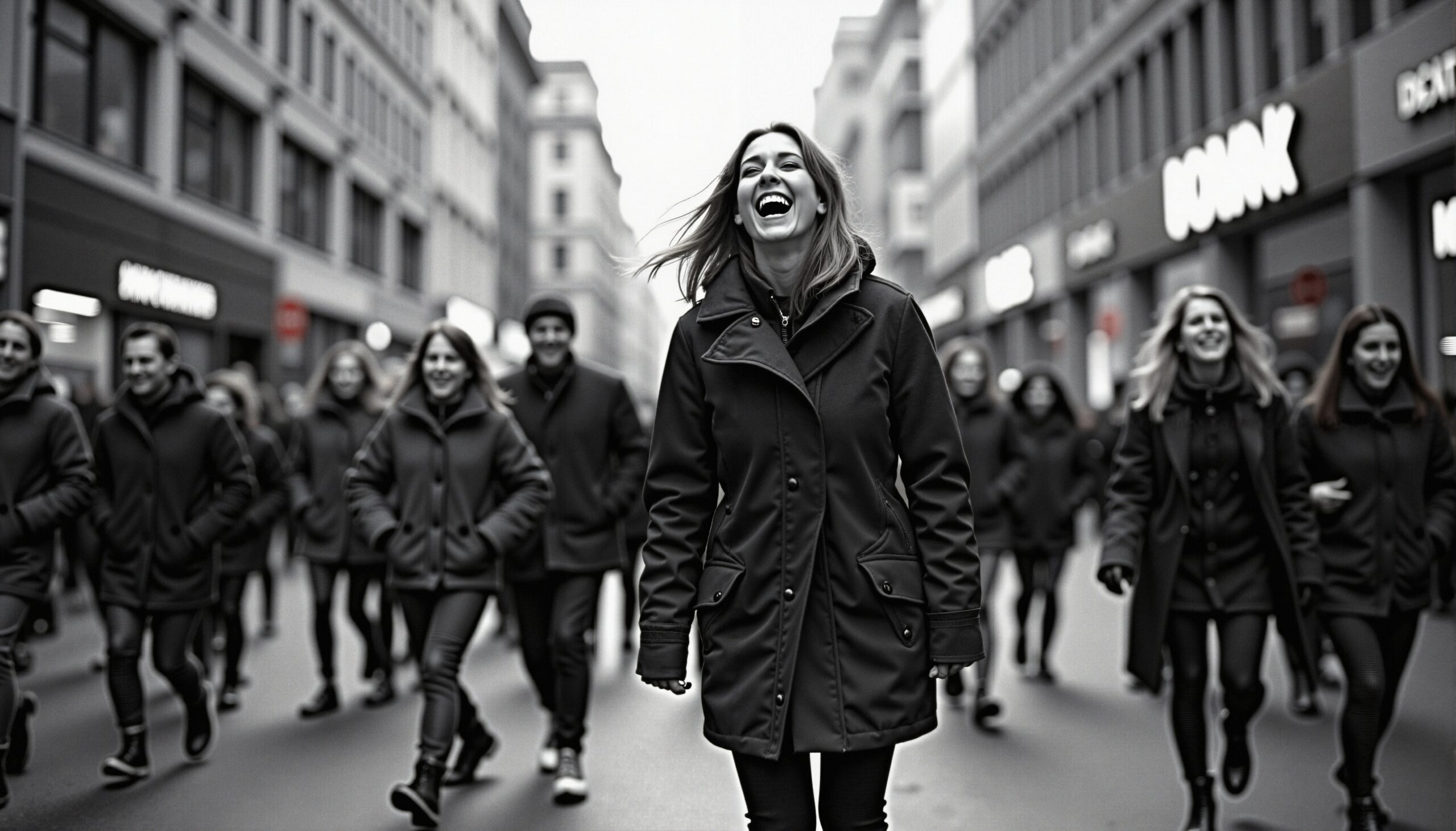 Joyful people walking city street