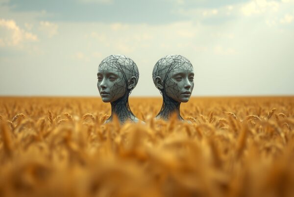 "Futuristic humanoid sculptures in a golden wheat field under a serene sky, blending nature and technology."