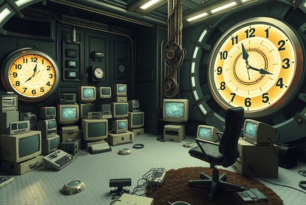 A room with vintage computers, large clocks, and industrial ambiance.