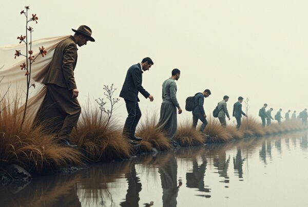A group of people walking along a reflective, misty path beside a calm body of water, surrounded by golden grass and delicate flowers.