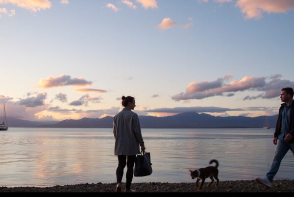 A couple walking with a dog by the tranquil shore at sunset.