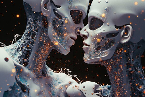 Abstract humanoid figures, digital art, futuristic theme, vibrant contrast, dark background.