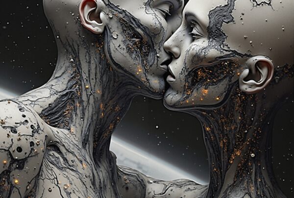 Futuristic humanoid figures embracing in space.