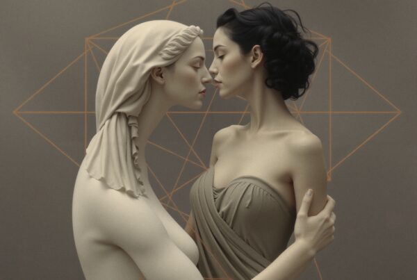 A modern and classical woman touch foreheads, showcasing a blend of eras through art against a geometric backdrop.