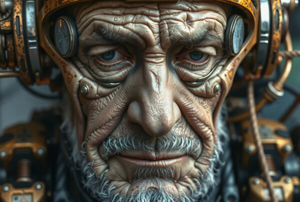 Elderly man with cybernetic enhancements, stern expression, deeply detailed facial features and innovative technology in a futuristic setting.