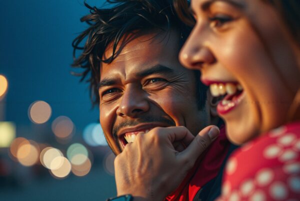 A man and woman laughing in a lively evening city scene.