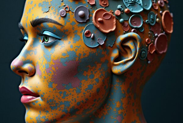 Artistic portrait with colorful textured circles on a human face.