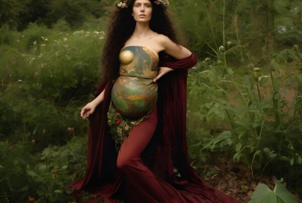 Ethereal woman in burgundy dress standing in lush forest, symbolizing Earth.