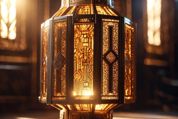 Intricately designed golden lantern casting warm patterns.