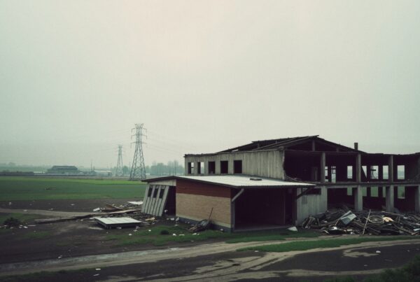 Abandoned industrial building in rural landscape with pylons and overcast sky.