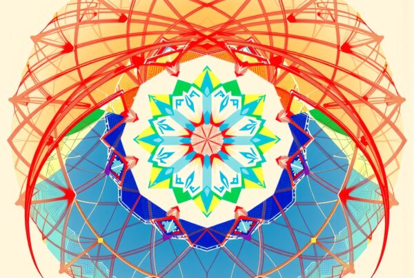 Symmetrical mandala with vibrant colors and geometric patterns.