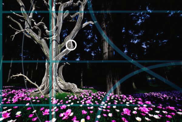 A twisted tree surrounded by pink flowers with geometric overlays.