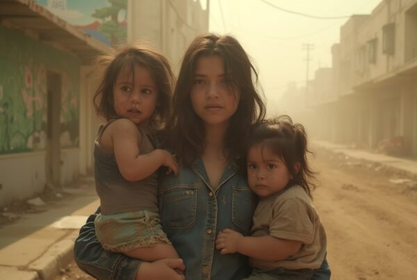 Woman with children on dusty street, conveying resilience and strength amidst urban decay.